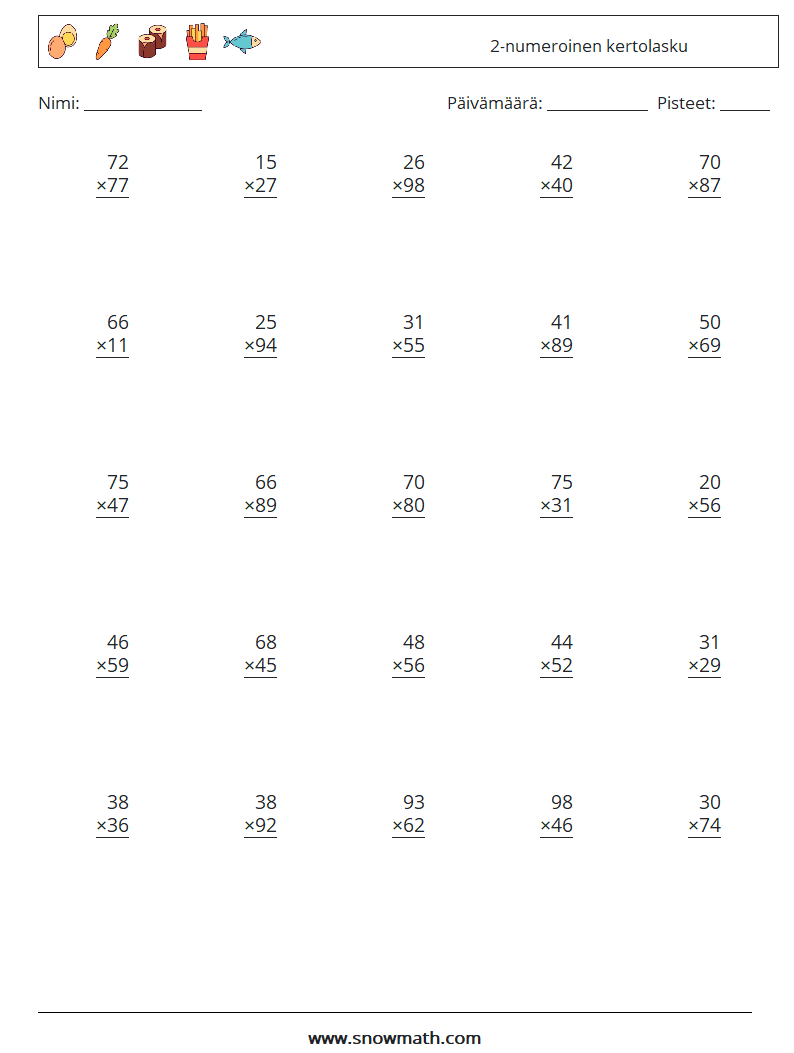 (25) 2-numeroinen kertolasku Matematiikan laskentataulukot 3
