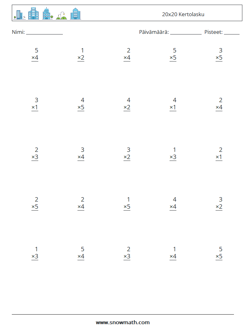 (25) 20x20 Kertolasku Matematiikan laskentataulukot 10