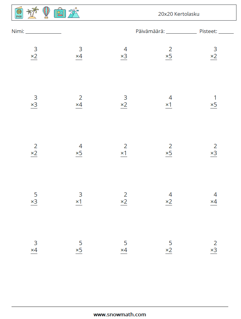 (25) 20x20 Kertolasku Matematiikan laskentataulukot 12
