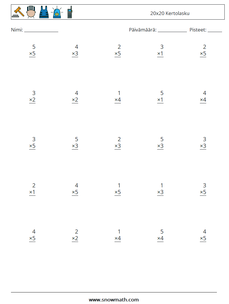 (25) 20x20 Kertolasku Matematiikan laskentataulukot 13