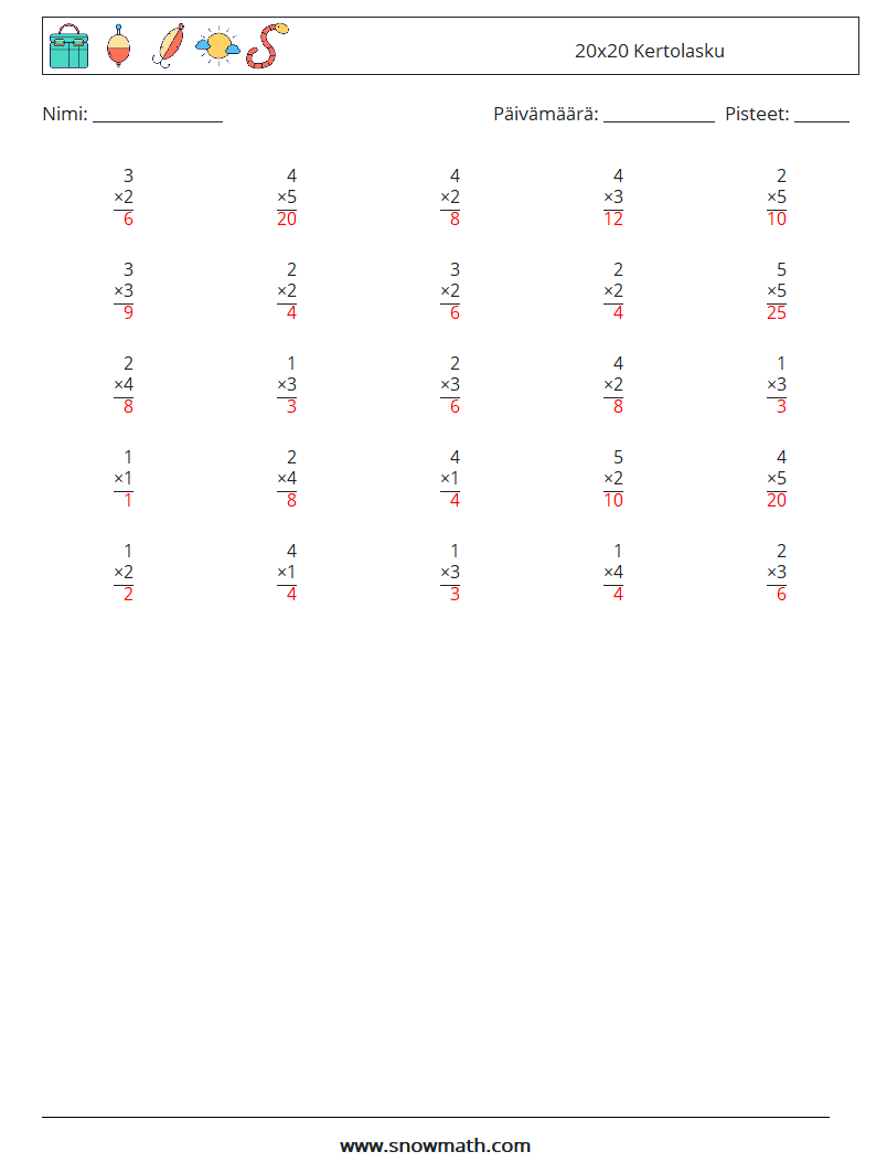 (25) 20x20 Kertolasku Matematiikan laskentataulukot 18 Kysymys, vastaus