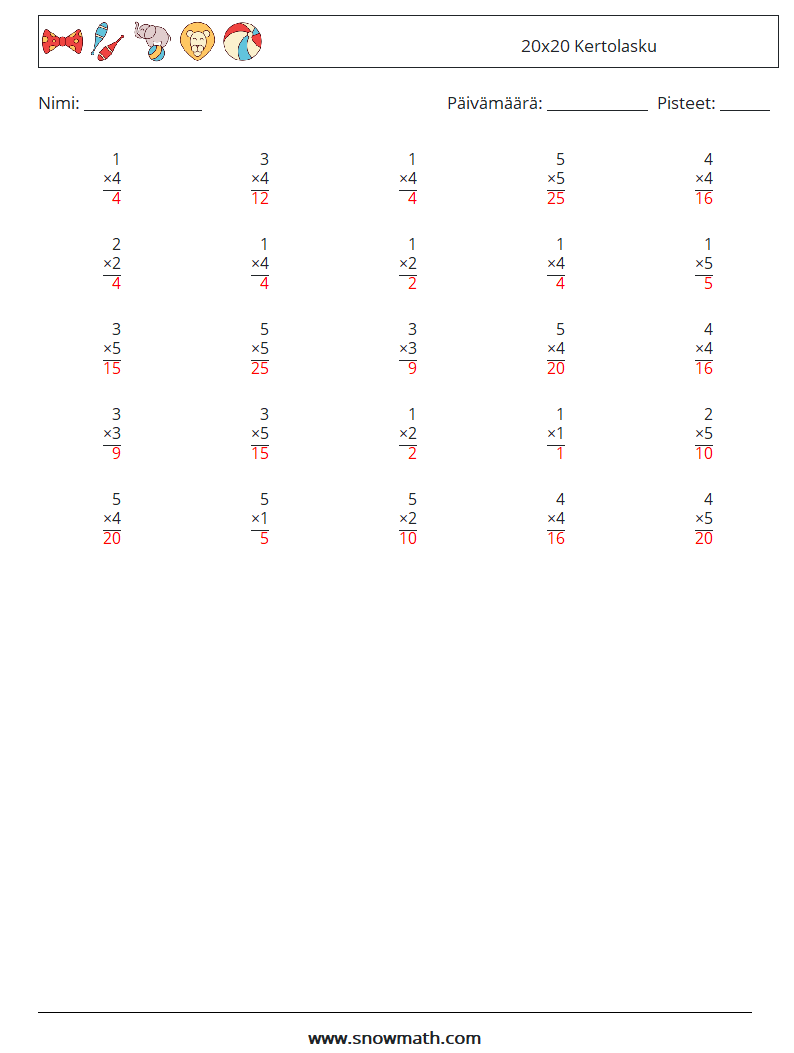 (25) 20x20 Kertolasku Matematiikan laskentataulukot 1 Kysymys, vastaus