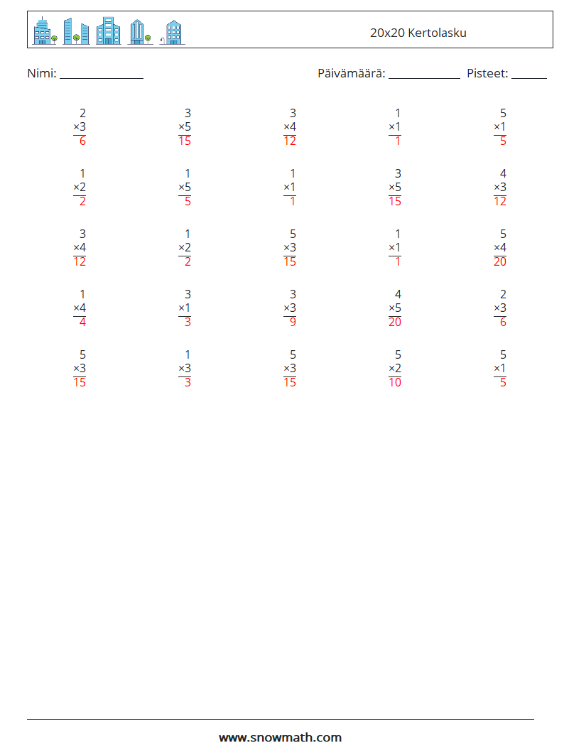 (25) 20x20 Kertolasku Matematiikan laskentataulukot 2 Kysymys, vastaus