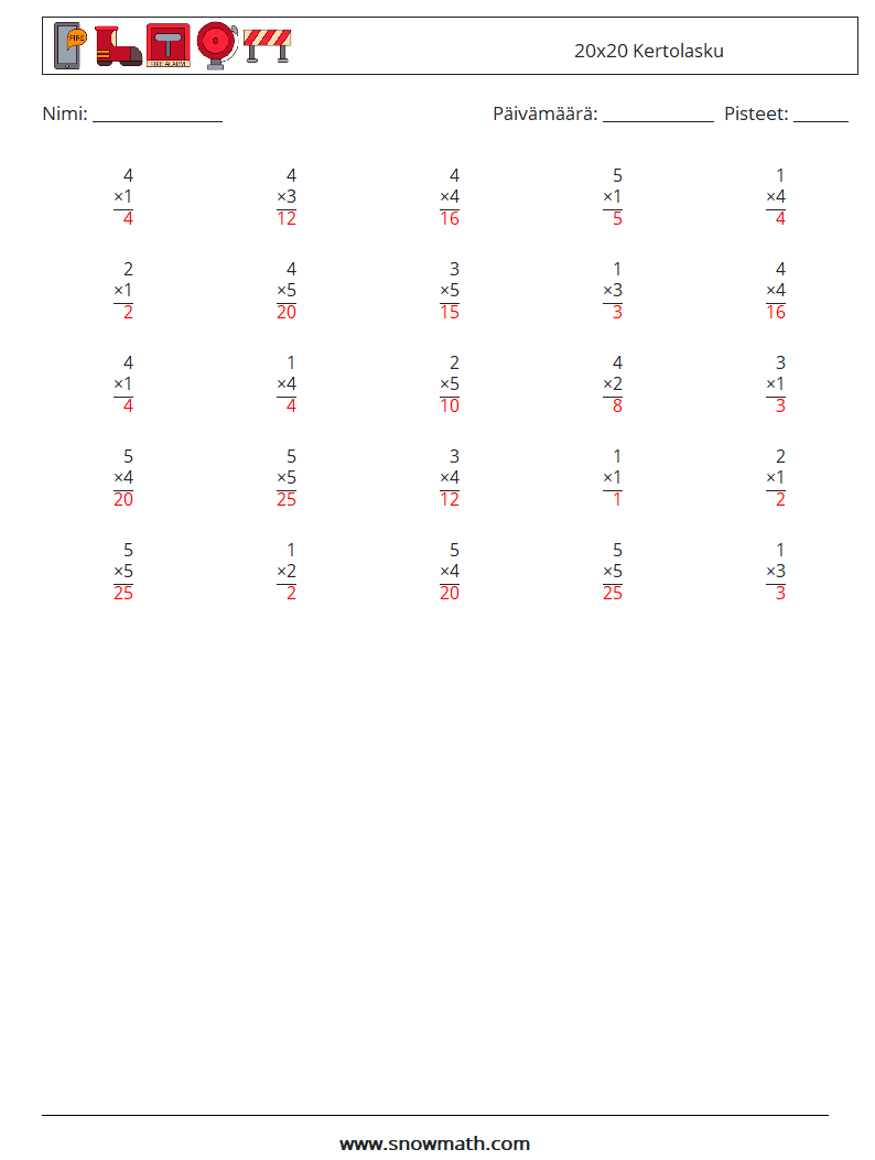 (25) 20x20 Kertolasku Matematiikan laskentataulukot 7 Kysymys, vastaus