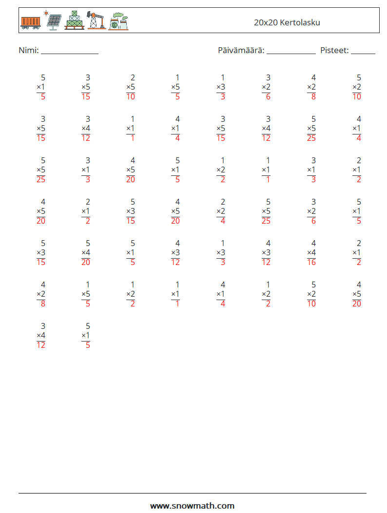 (50) 20x20 Kertolasku Matematiikan laskentataulukot 10 Kysymys, vastaus