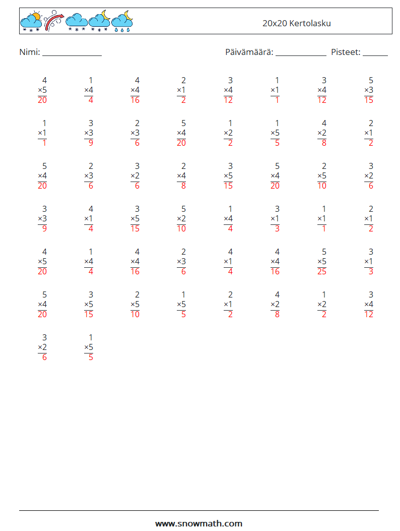 (50) 20x20 Kertolasku Matematiikan laskentataulukot 11 Kysymys, vastaus