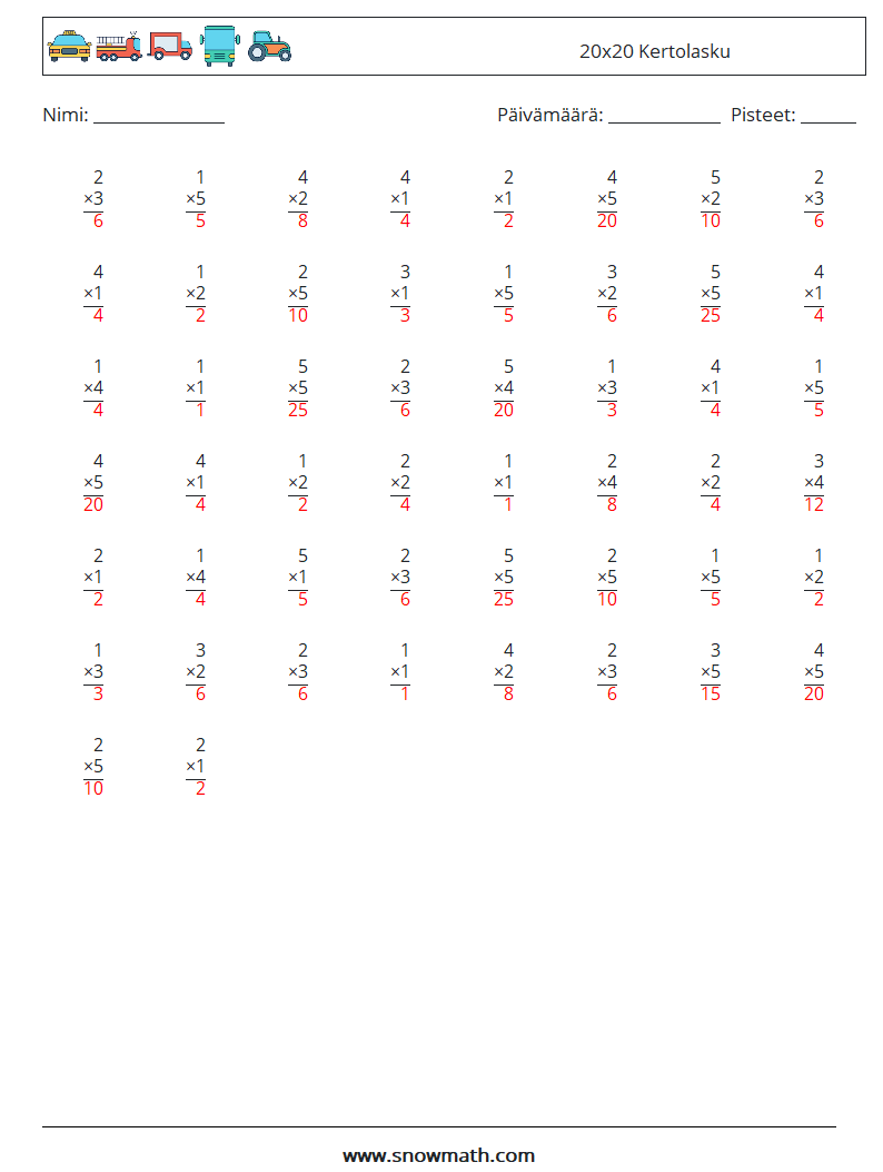 (50) 20x20 Kertolasku Matematiikan laskentataulukot 12 Kysymys, vastaus