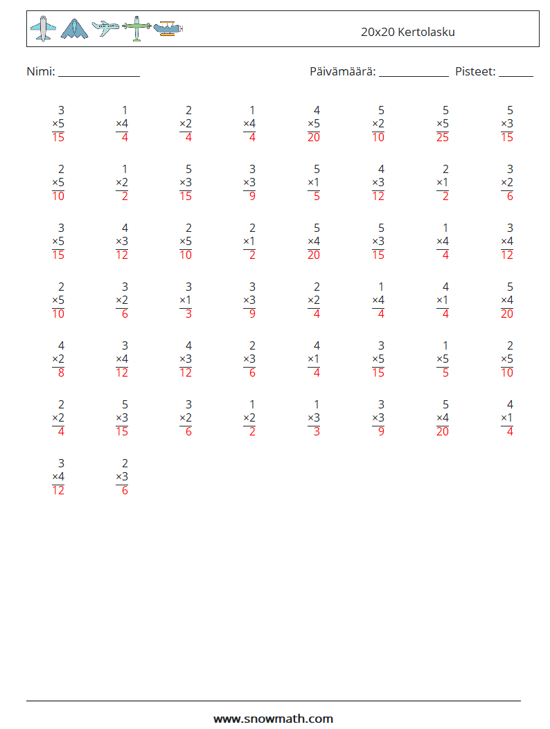 (50) 20x20 Kertolasku Matematiikan laskentataulukot 13 Kysymys, vastaus