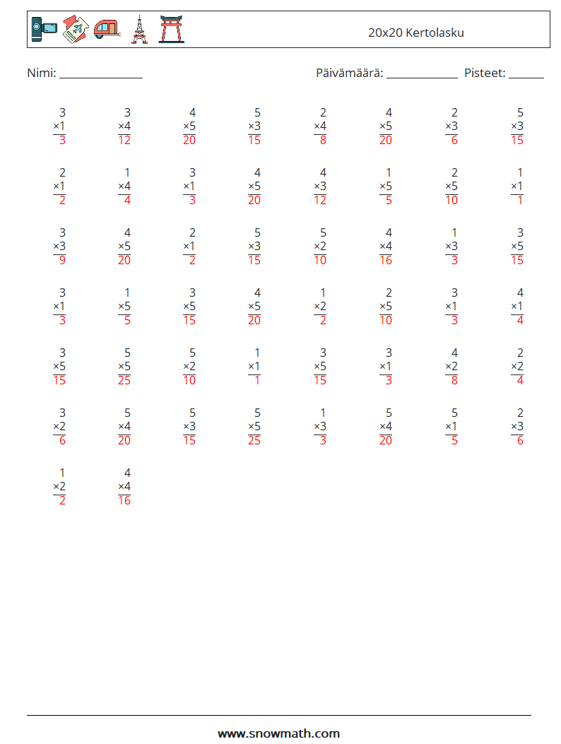 (50) 20x20 Kertolasku Matematiikan laskentataulukot 14 Kysymys, vastaus