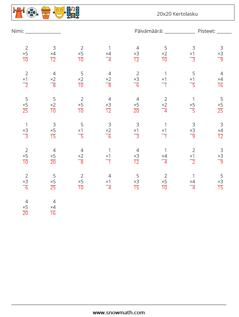 (50) 20x20 Kertolasku Matematiikan laskentataulukot 17 Kysymys, vastaus