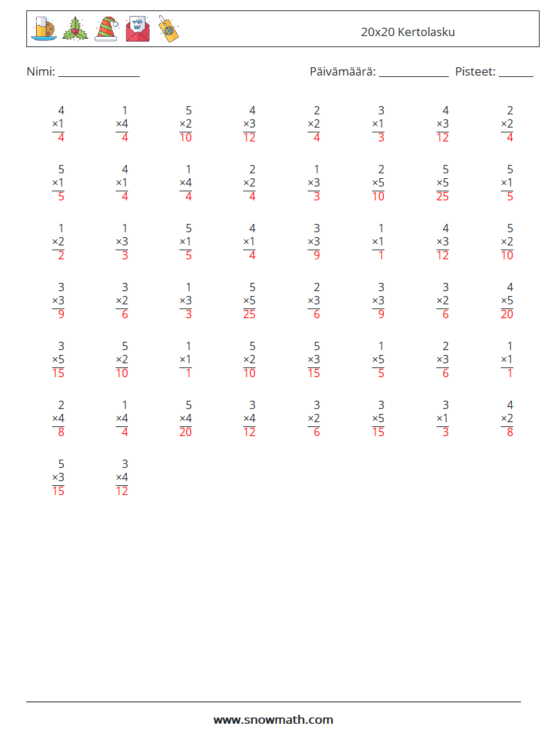 (50) 20x20 Kertolasku Matematiikan laskentataulukot 18 Kysymys, vastaus