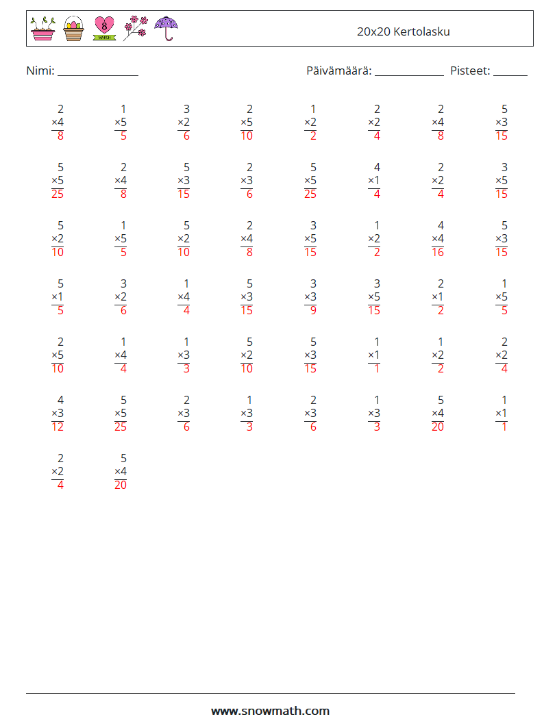 (50) 20x20 Kertolasku Matematiikan laskentataulukot 2 Kysymys, vastaus