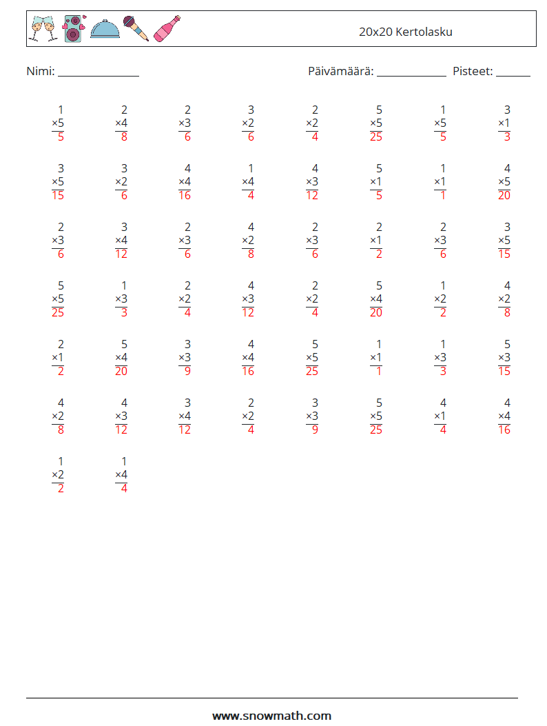 (50) 20x20 Kertolasku Matematiikan laskentataulukot 3 Kysymys, vastaus