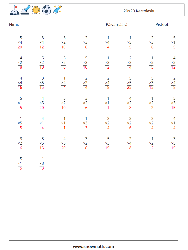 (50) 20x20 Kertolasku Matematiikan laskentataulukot 4 Kysymys, vastaus