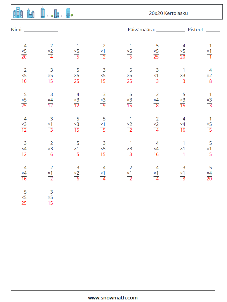 (50) 20x20 Kertolasku Matematiikan laskentataulukot 5 Kysymys, vastaus