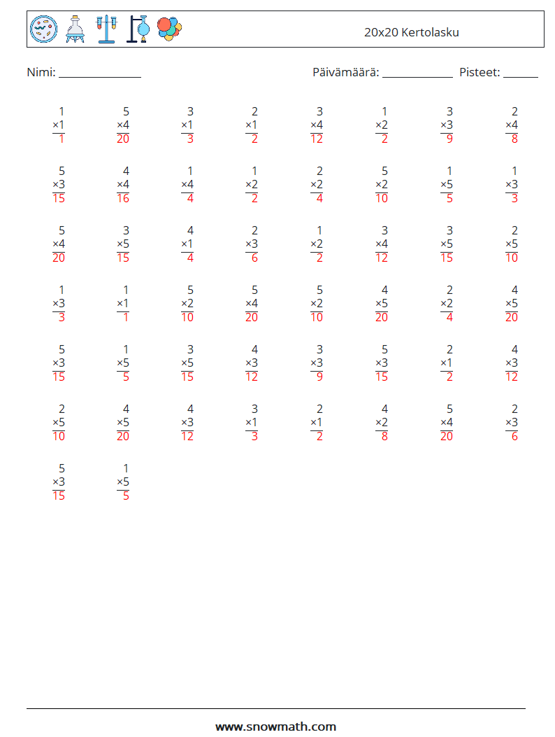 (50) 20x20 Kertolasku Matematiikan laskentataulukot 6 Kysymys, vastaus