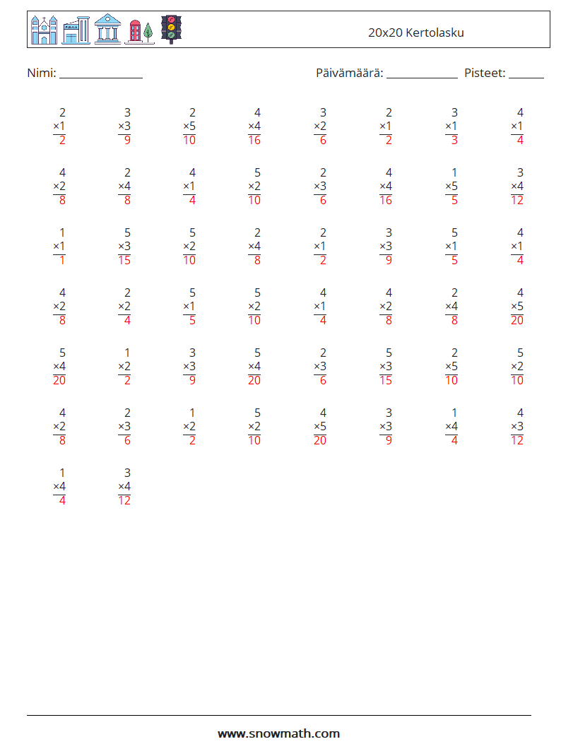 (50) 20x20 Kertolasku Matematiikan laskentataulukot 7 Kysymys, vastaus