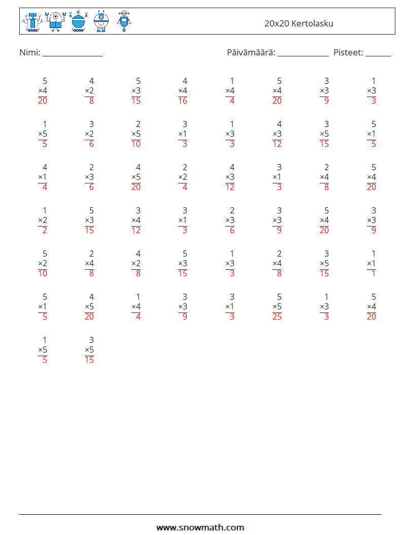 (50) 20x20 Kertolasku Matematiikan laskentataulukot 8 Kysymys, vastaus