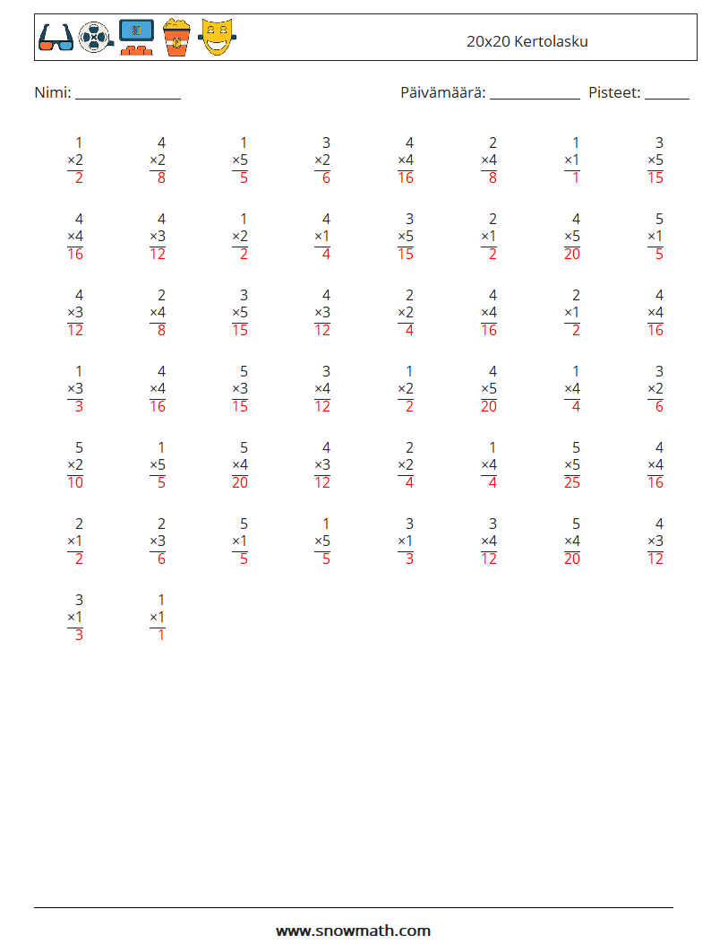 (50) 20x20 Kertolasku Matematiikan laskentataulukot 9 Kysymys, vastaus