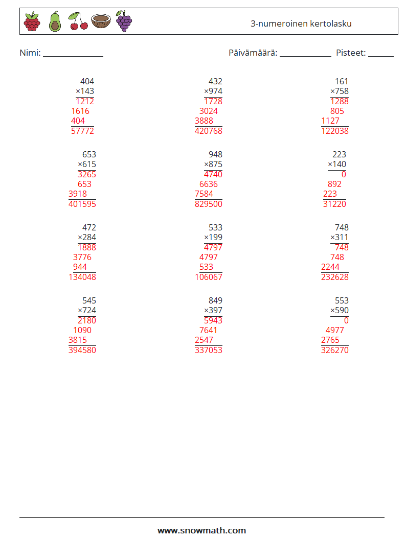 (12) 3-numeroinen kertolasku Matematiikan laskentataulukot 11 Kysymys, vastaus