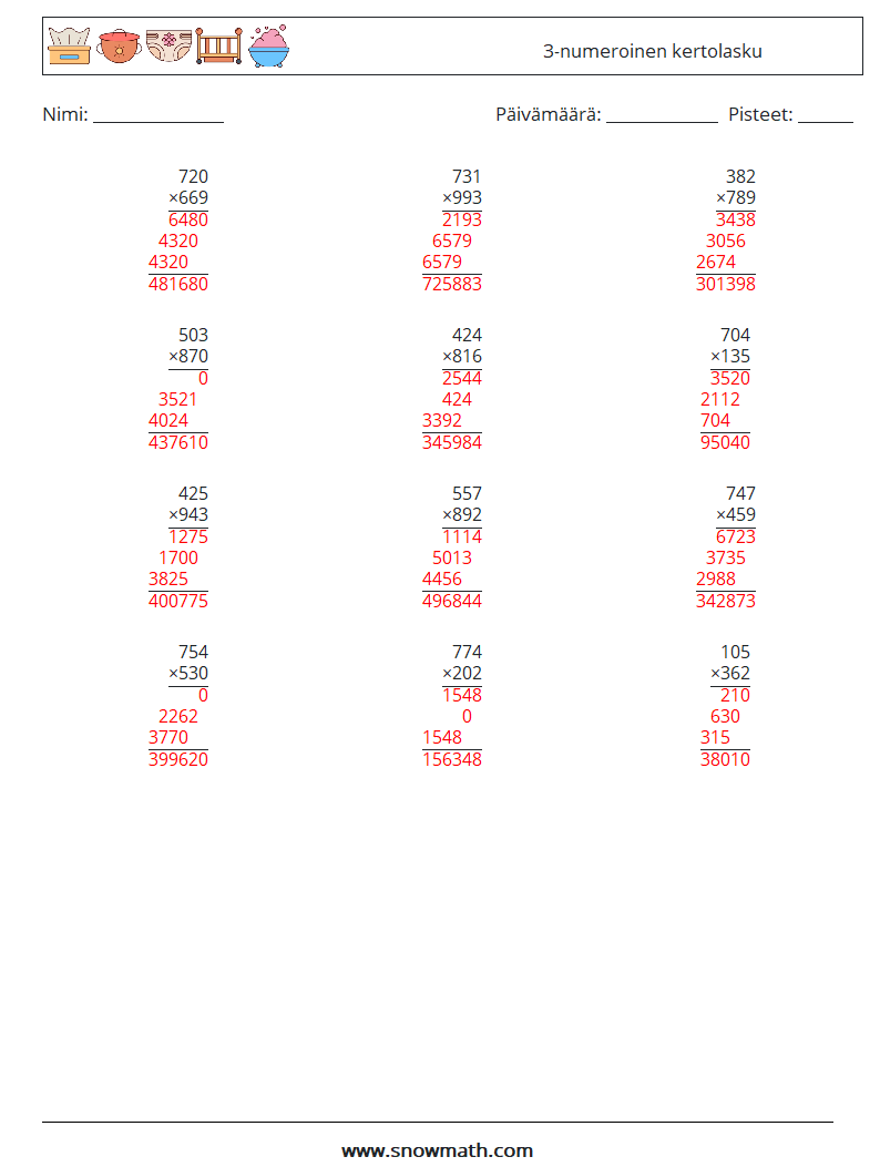 (12) 3-numeroinen kertolasku Matematiikan laskentataulukot 12 Kysymys, vastaus