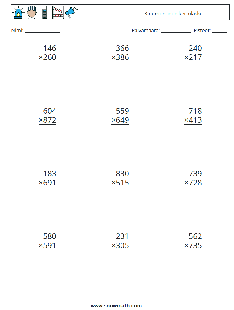 (12) 3-numeroinen kertolasku Matematiikan laskentataulukot 17