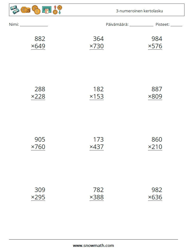 (12) 3-numeroinen kertolasku Matematiikan laskentataulukot 18