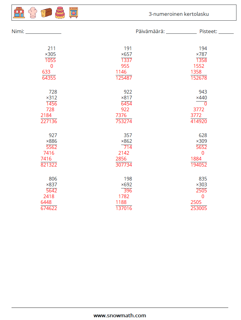 (12) 3-numeroinen kertolasku Matematiikan laskentataulukot 1 Kysymys, vastaus