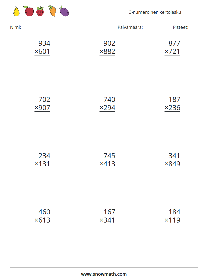 (12) 3-numeroinen kertolasku Matematiikan laskentataulukot 2