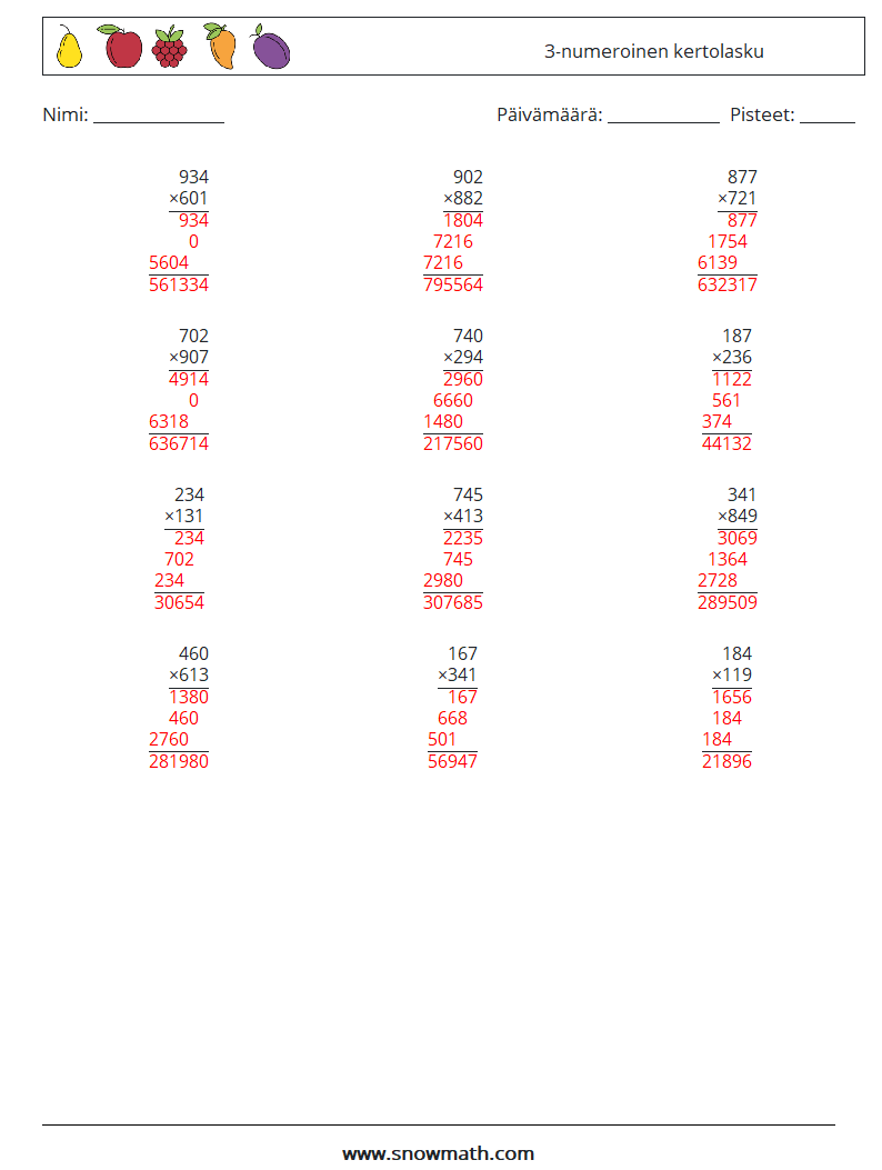 (12) 3-numeroinen kertolasku Matematiikan laskentataulukot 2 Kysymys, vastaus