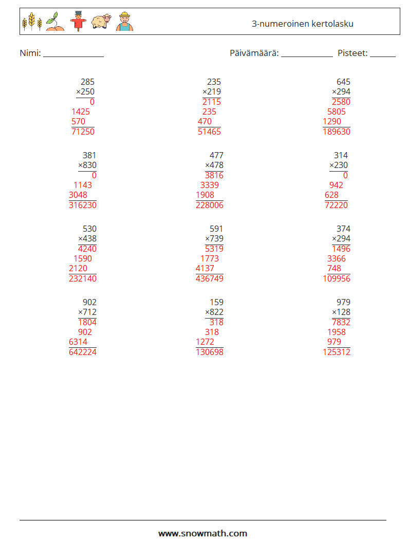 (12) 3-numeroinen kertolasku Matematiikan laskentataulukot 3 Kysymys, vastaus