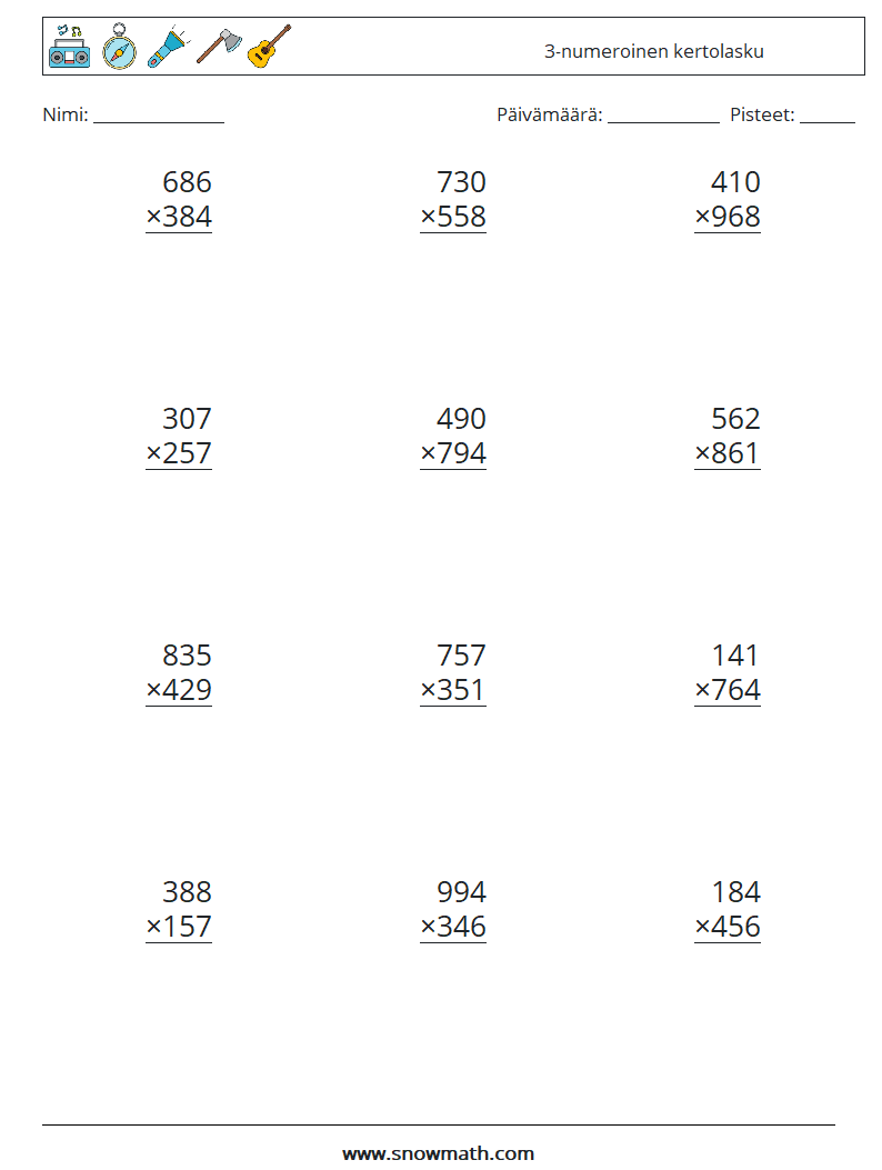 (12) 3-numeroinen kertolasku Matematiikan laskentataulukot 4