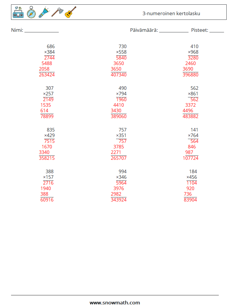 (12) 3-numeroinen kertolasku Matematiikan laskentataulukot 4 Kysymys, vastaus