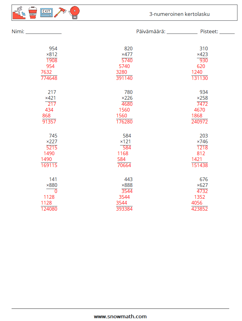 (12) 3-numeroinen kertolasku Matematiikan laskentataulukot 7 Kysymys, vastaus