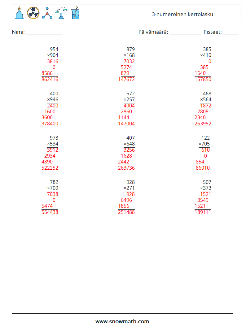 (12) 3-numeroinen kertolasku Matematiikan laskentataulukot 8 Kysymys, vastaus