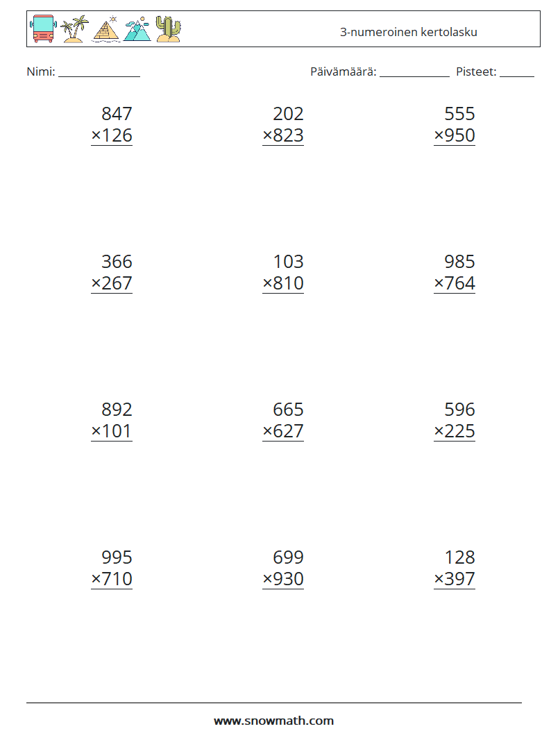 (12) 3-numeroinen kertolasku Matematiikan laskentataulukot 9