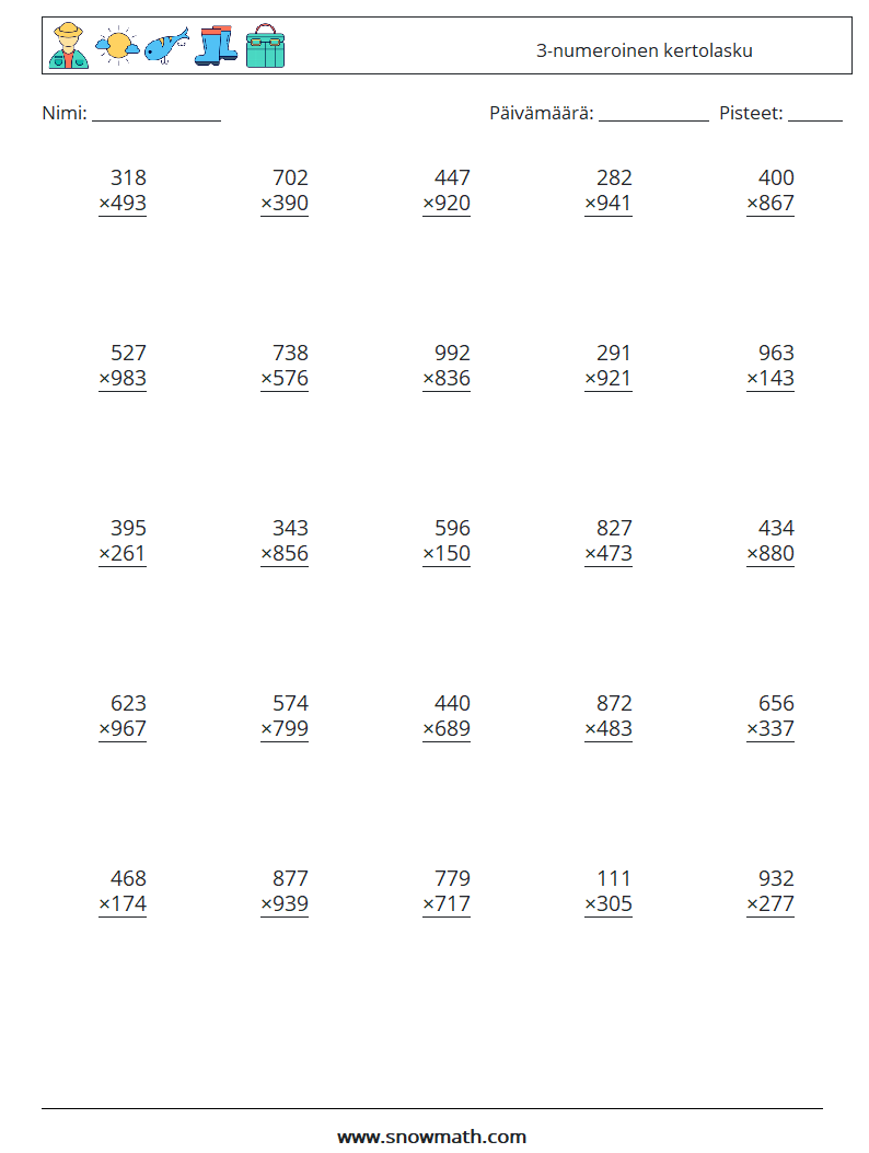 (25) 3-numeroinen kertolasku Matematiikan laskentataulukot 16