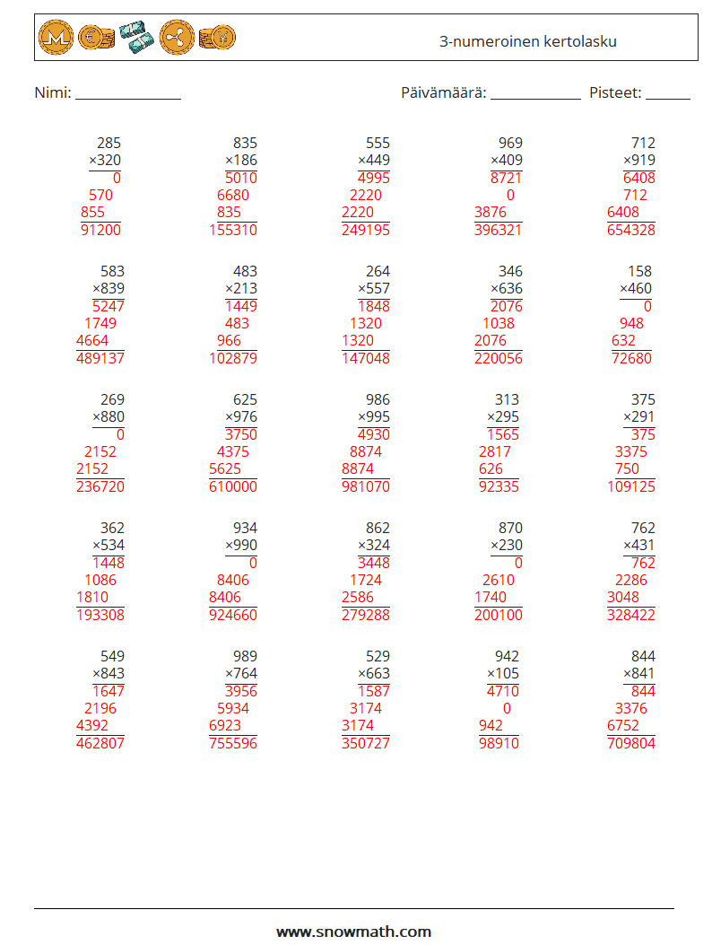 (25) 3-numeroinen kertolasku Matematiikan laskentataulukot 1 Kysymys, vastaus