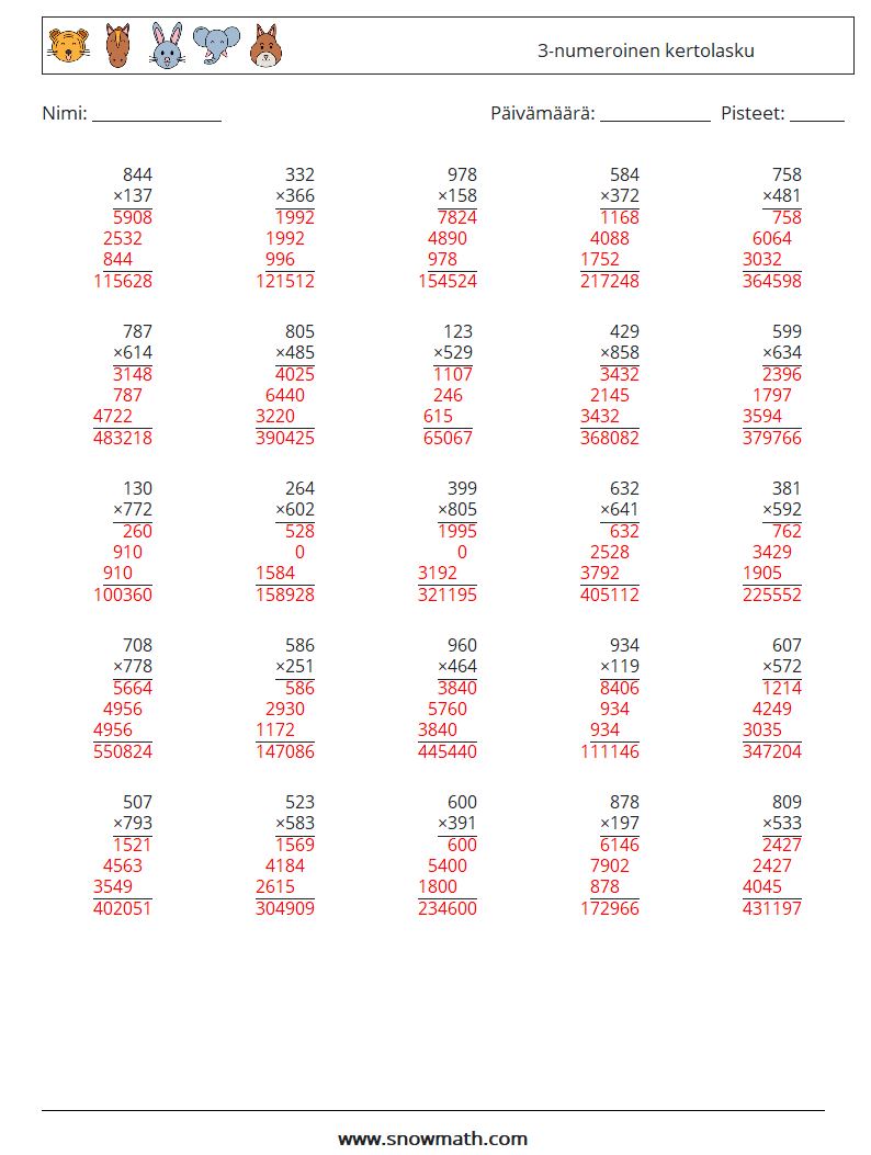 (25) 3-numeroinen kertolasku Matematiikan laskentataulukot 7 Kysymys, vastaus