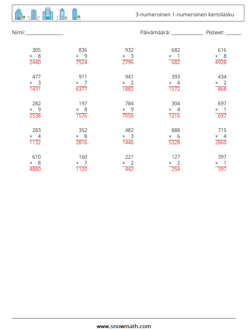 (25) 3-numeroinen 1-numeroinen kertolasku Matematiikan laskentataulukot 1 Kysymys, vastaus