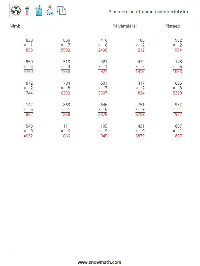 (25) 3-numeroinen 1-numeroinen kertolasku Matematiikan laskentataulukot 3 Kysymys, vastaus