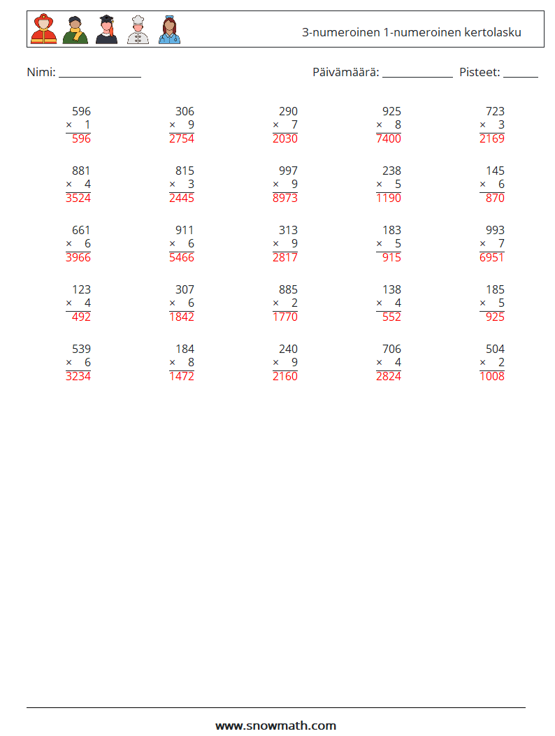 (25) 3-numeroinen 1-numeroinen kertolasku Matematiikan laskentataulukot 4 Kysymys, vastaus