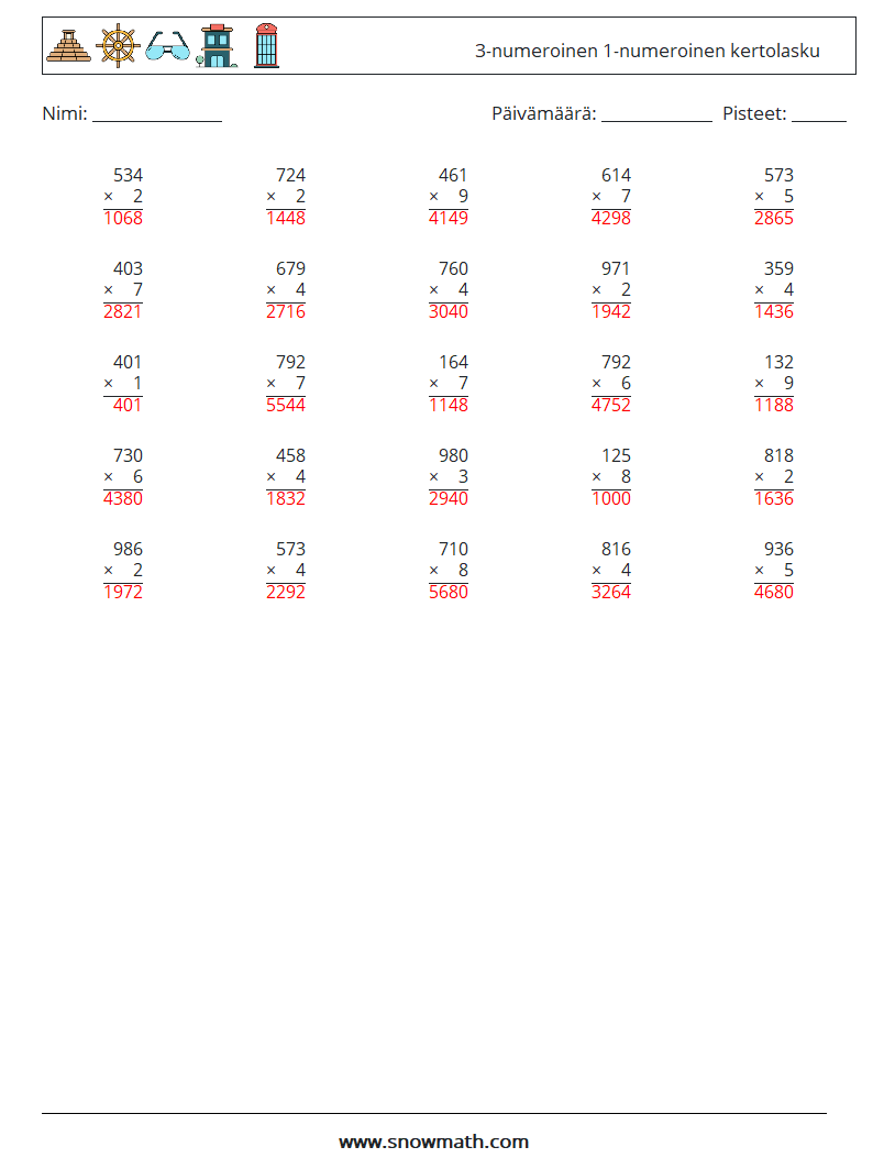 (25) 3-numeroinen 1-numeroinen kertolasku Matematiikan laskentataulukot 8 Kysymys, vastaus