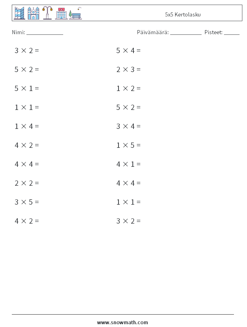 (20) 5x5 Kertolasku Matematiikan laskentataulukot 1