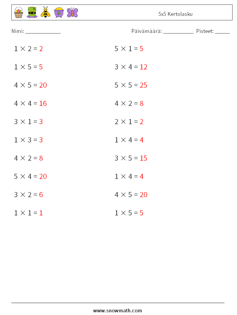 (20) 5x5 Kertolasku Matematiikan laskentataulukot 5 Kysymys, vastaus