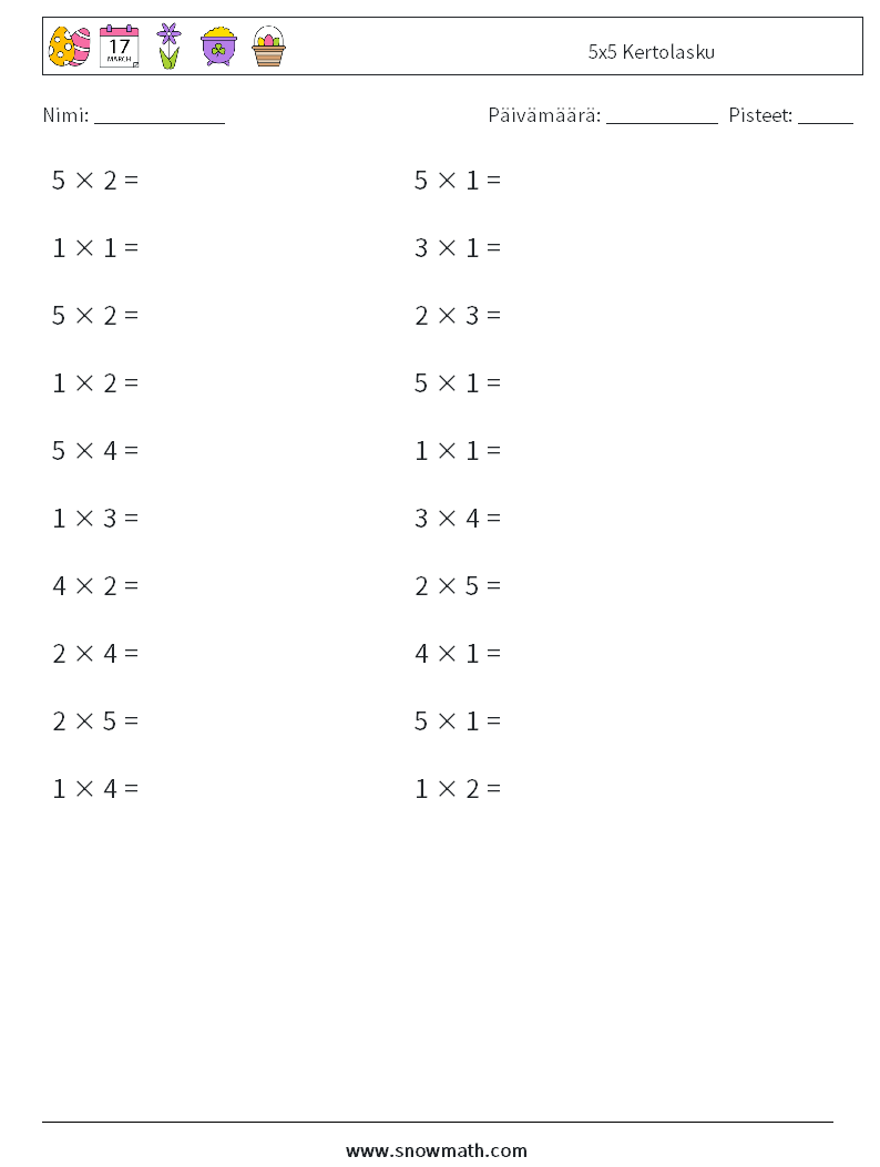 (20) 5x5 Kertolasku Matematiikan laskentataulukot 7