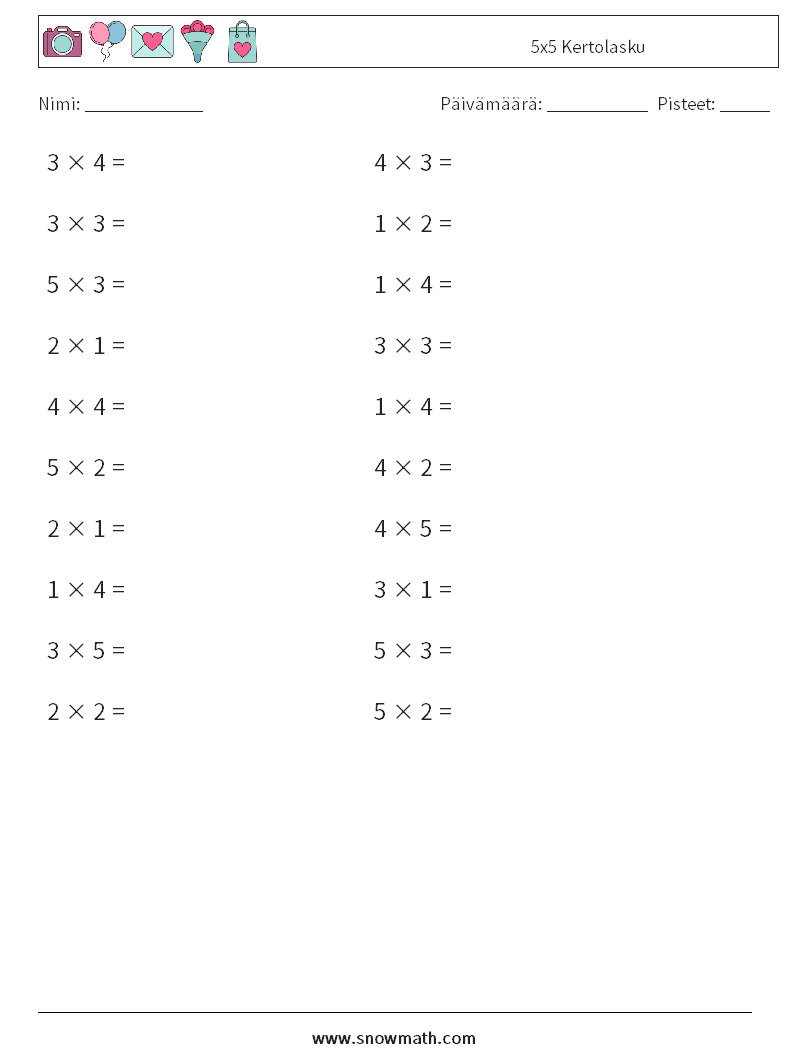(20) 5x5 Kertolasku Matematiikan laskentataulukot 8