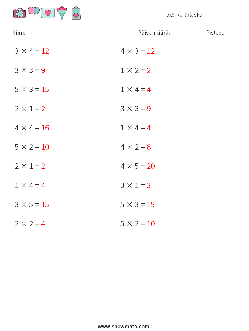 (20) 5x5 Kertolasku Matematiikan laskentataulukot 8 Kysymys, vastaus