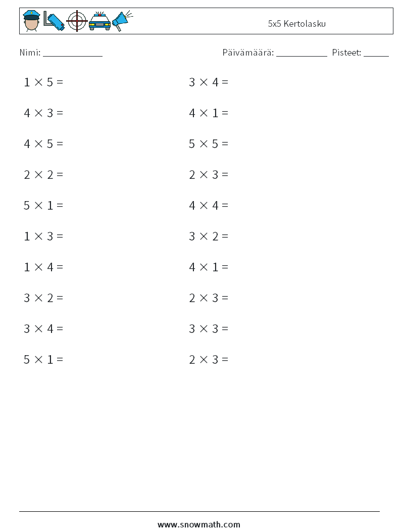 (20) 5x5 Kertolasku Matematiikan laskentataulukot 9