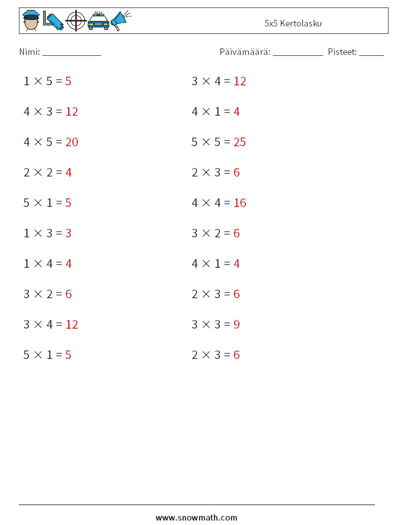 (20) 5x5 Kertolasku Matematiikan laskentataulukot 9 Kysymys, vastaus